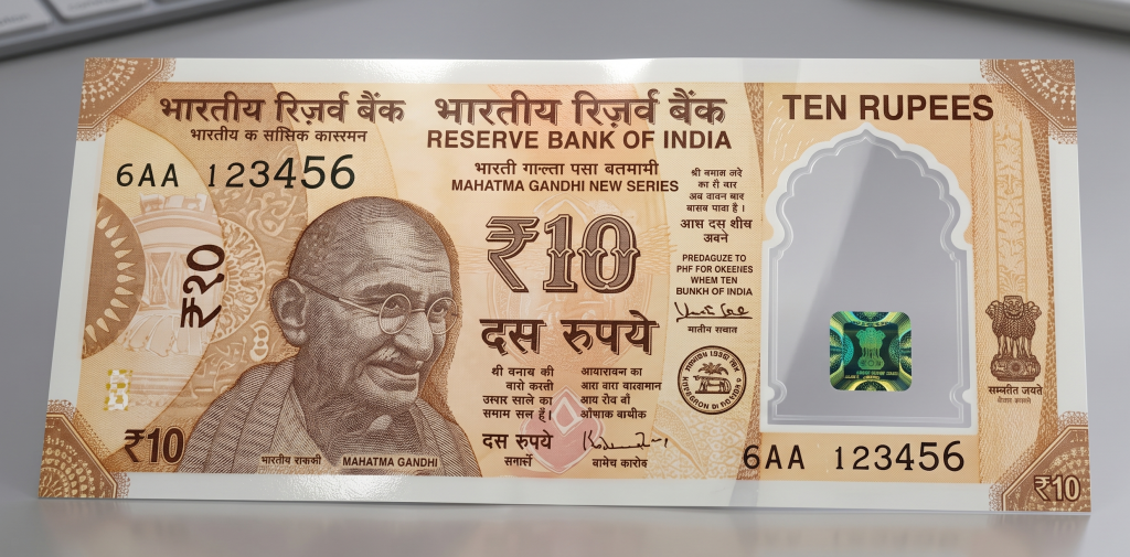 A realistic concept design of the Reserve Bank of India (RBI) new ₹10 polymer plastic currency note, featuring Mahatma Gandhi and a prominent translucent, transparent security window with a holographic emblem, displayed flat on a clean, modern grey office desk.